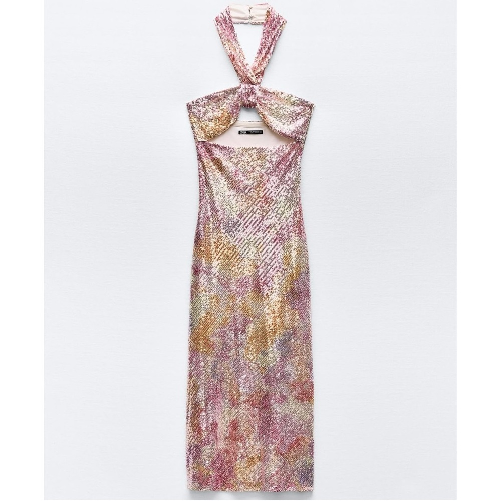 ZARA Sequin Knotted Halter Cut Out Dress XL NEW NWOT